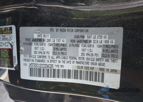 2012 Mazda Cx-9 Touring z USA, uszkodzony, nr VIN JM3TB3CV2C0334025